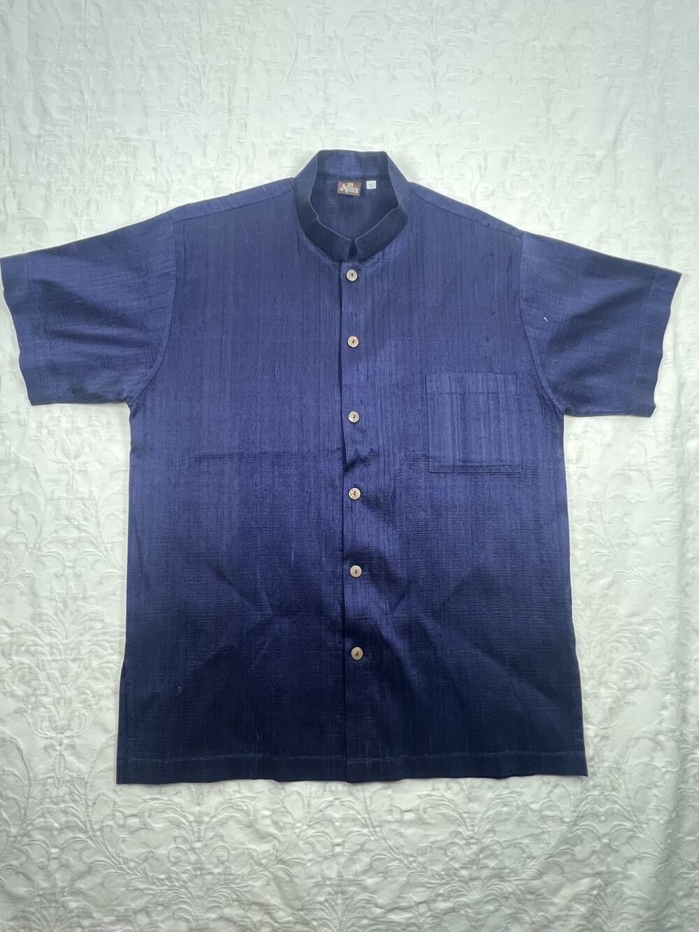 Artisans Angkor Raw Silk Shirt Blue Ombre Band Collar Mens L